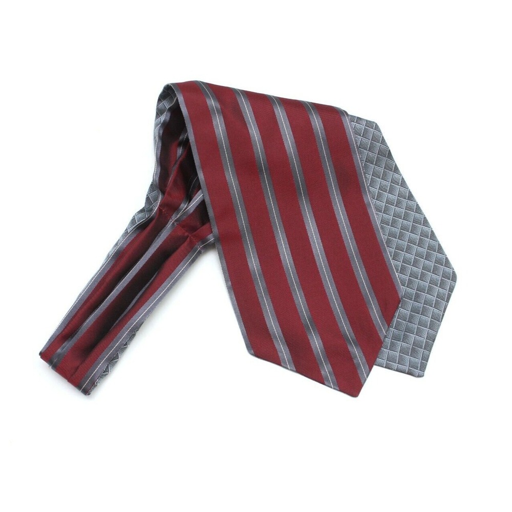 Men's Cravat Ascot‎ Maroon Grey Striped Reversible 100%silk A139 New in Box